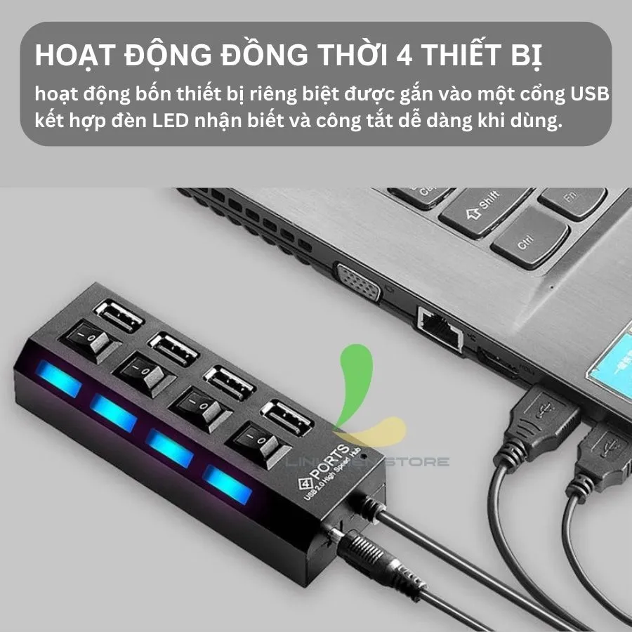 Ảnh Bộ chia USB HOSAN 4 cổng USB 2.0 có công tắc thiết kế nhỏ gọn tốc độ cao có đèn led hỗ trợ máy tính, PC 4