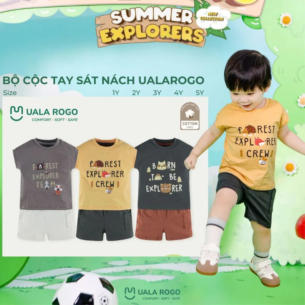 Ảnh Bộ cộc tay bé trai Ualarogo sát nách 1-5 tuổi vải Cotton sớ gỗ co giãn mềm mại thấm hút 3824 2