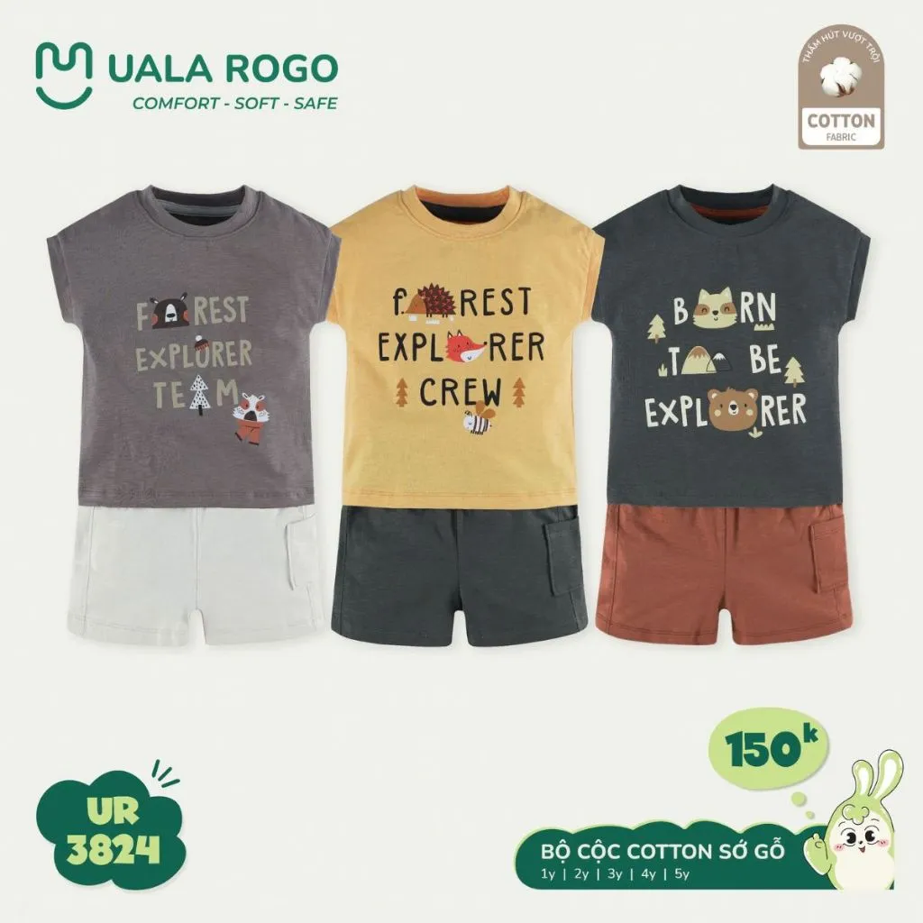 Ảnh Bộ cộc tay bé trai Ualarogo sát nách 1-5 tuổi vải Cotton sớ gỗ co giãn mềm mại thấm hút 3824 3