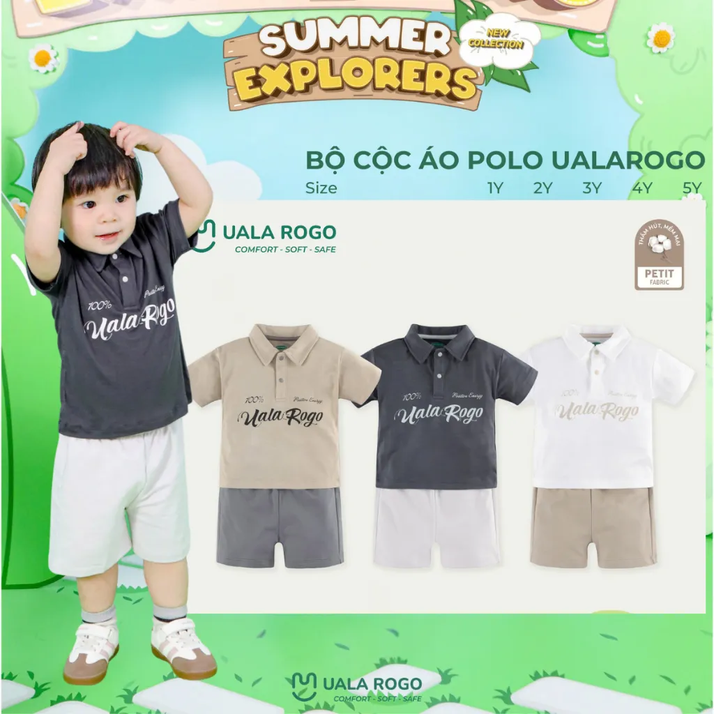 Ảnh Bộ cộc tay bé trai Ualarogo áo Polo 1-5 tuổi vải Petit mềm mịn co giãn thấm hút 2378 2