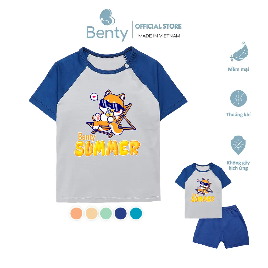 Ảnh Bộ cộc tay cài chéo BENTY hình Summer BT083 cotton thoáng mát mềm mịn, đồ ngắn tay bé trai, bé gái 1
