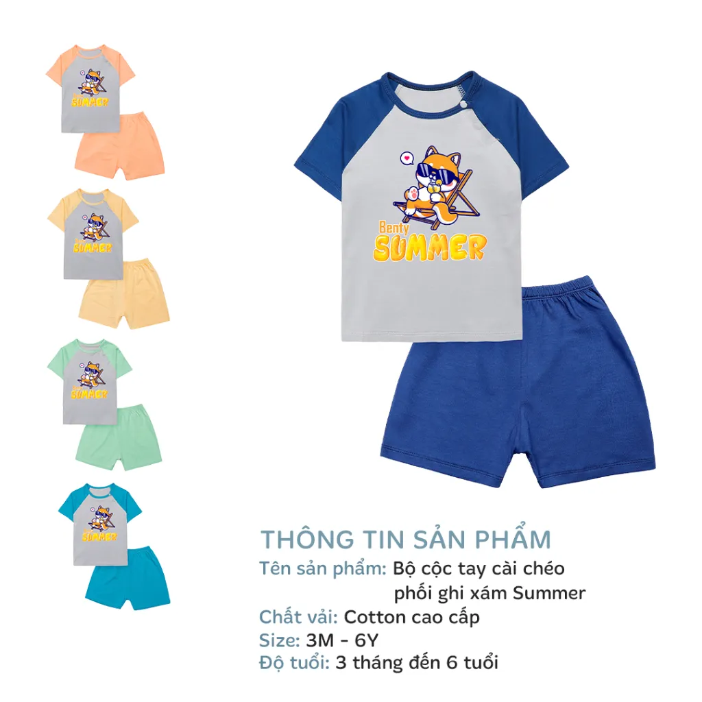 Ảnh Bộ cộc tay cài chéo BENTY hình Summer BT083 cotton thoáng mát mềm mịn, đồ ngắn tay bé trai, bé gái 2