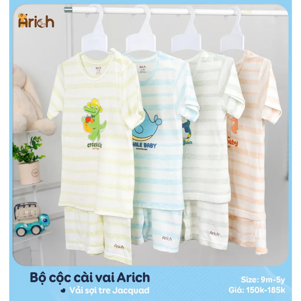 Ảnh Bộ cộc tay cài vai arich, vải sợi tre thông hơi, mát , rất mát, size 9M đến 5 tuổi 1