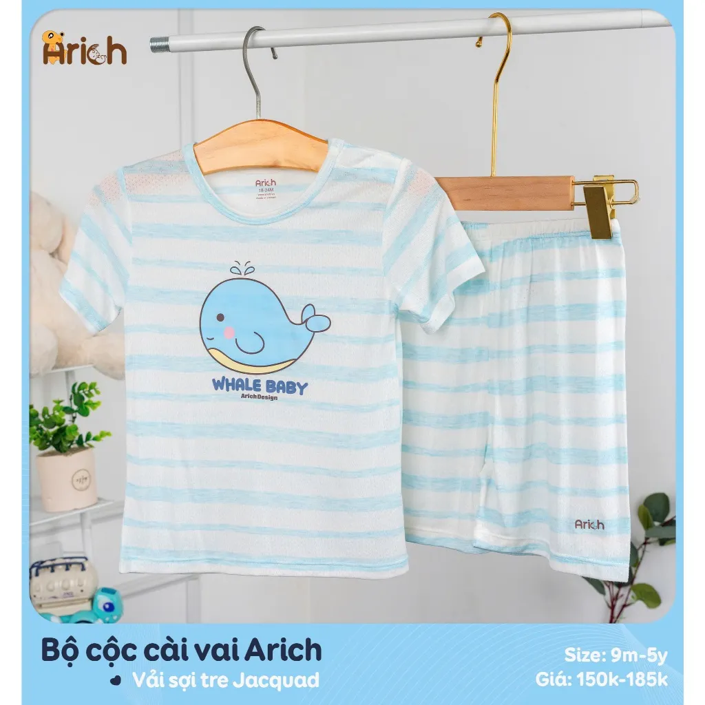Ảnh Bộ cộc tay cài vai arich, vải sợi tre thông hơi, mát , rất mát, size 9M đến 5 tuổi 4