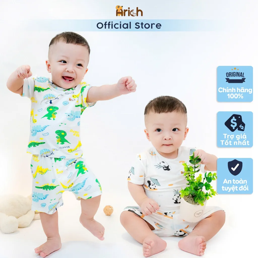 Ảnh Bộ cộc tay cài vai Arich vải sợi tre petit, phối họa tiết mới cho bé trai, bé gái 9 tháng đến 6 tuổi 1