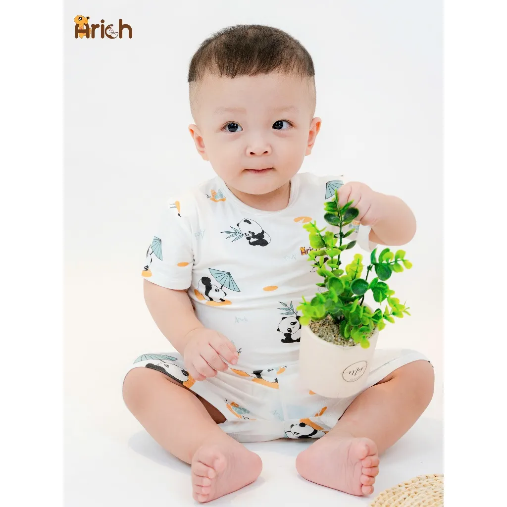 Ảnh Bộ cộc tay cài vai Arich vải sợi tre petit, phối họa tiết mới cho bé trai, bé gái 9 tháng đến 6 tuổi 2