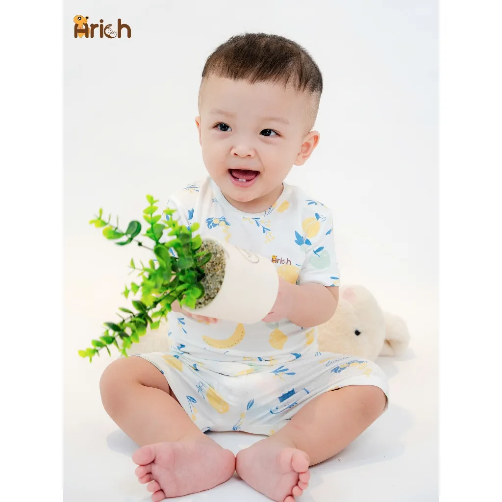 Ảnh Bộ cộc tay cài vai Arich vải sợi tre petit, phối họa tiết mới cho bé trai, bé gái 9 tháng đến 6 tuổi 3