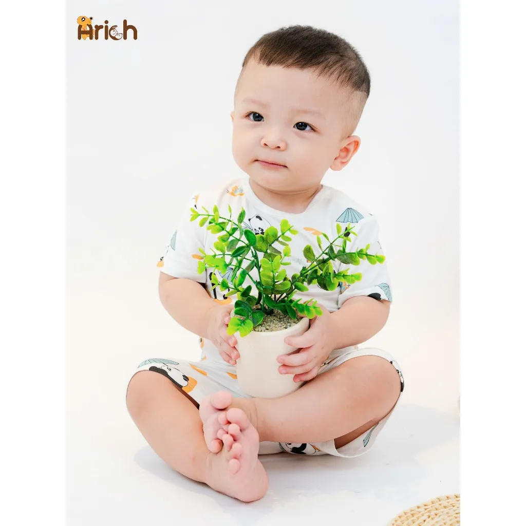 Ảnh Bộ cộc tay cài vai Arich vải sợi tre petit, phối họa tiết mới cho bé trai, bé gái 9 tháng đến 6 tuổi 4