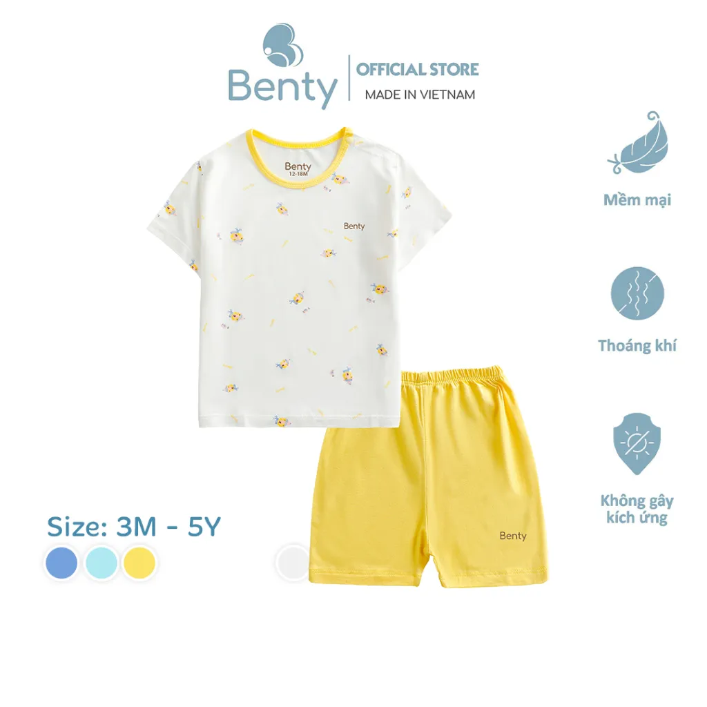 Ảnh Bộ cộc tay cài vai họa tiết dễ thương BENTY cotton bé trai, bé gái, quần áo trẻ em mềm,mịn 1