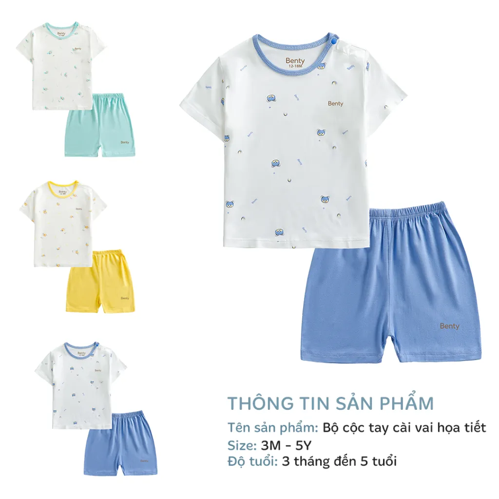 Ảnh Bộ cộc tay cài vai họa tiết dễ thương BENTY cotton bé trai, bé gái, quần áo trẻ em mềm,mịn 2