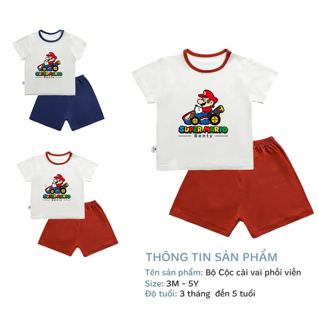 Ảnh Bộ cộc tay cài vai phối viền in hình Super Mario BENTY BT111 mát mềm mịn, đồ bộ cho bé chính hãng 2
