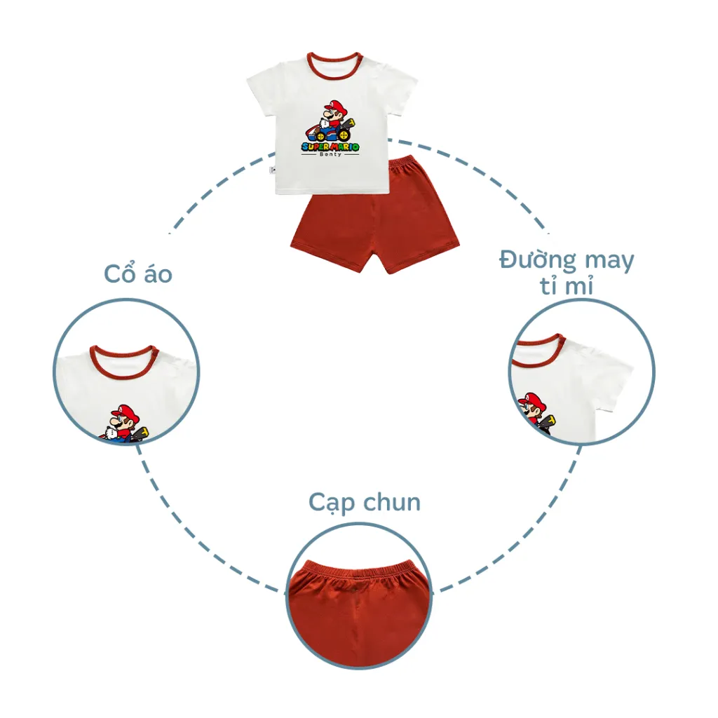 Ảnh Bộ cộc tay cài vai phối viền in hình Super Mario BENTY BT111 mát mềm mịn, đồ bộ cho bé chính hãng 3