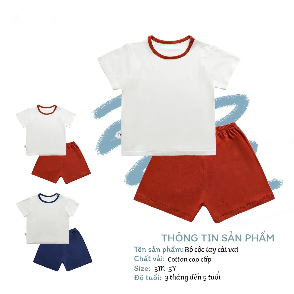 Ảnh Bộ cộc tay cài vai trơn phối viền cổ BENTY cotton thấm hút mồ hôi, đồ bộ cho bé trai, bé gái 2
