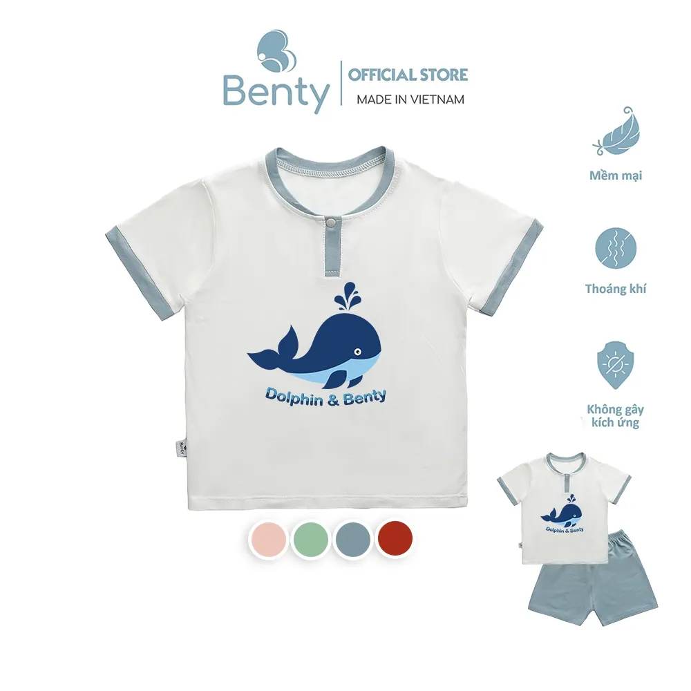 Ảnh Bộ cộc tay cổ trụ BENTY in hình cá voi  BT041 cotton mềm mịn mát, đồ bộ cho bé trai, bé gái 1