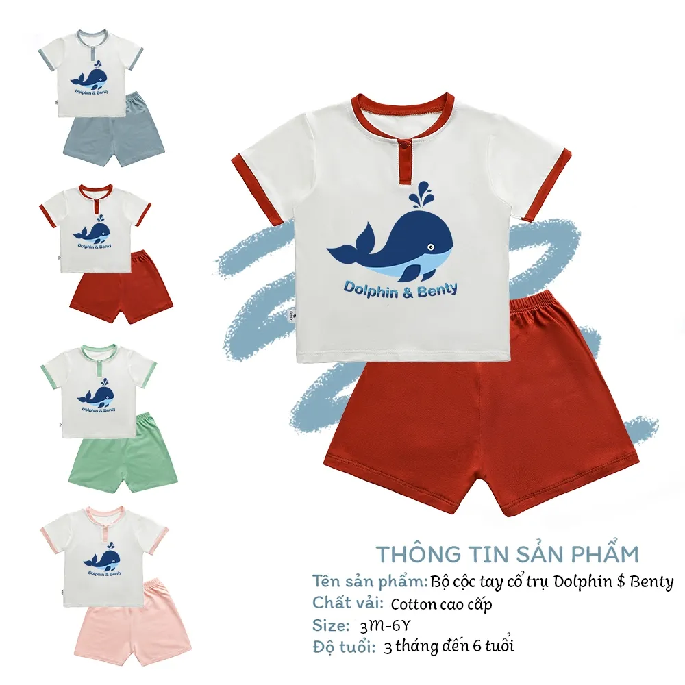 Ảnh Bộ cộc tay cổ trụ BENTY in hình cá voi  BT041 cotton mềm mịn mát, đồ bộ cho bé trai, bé gái 2