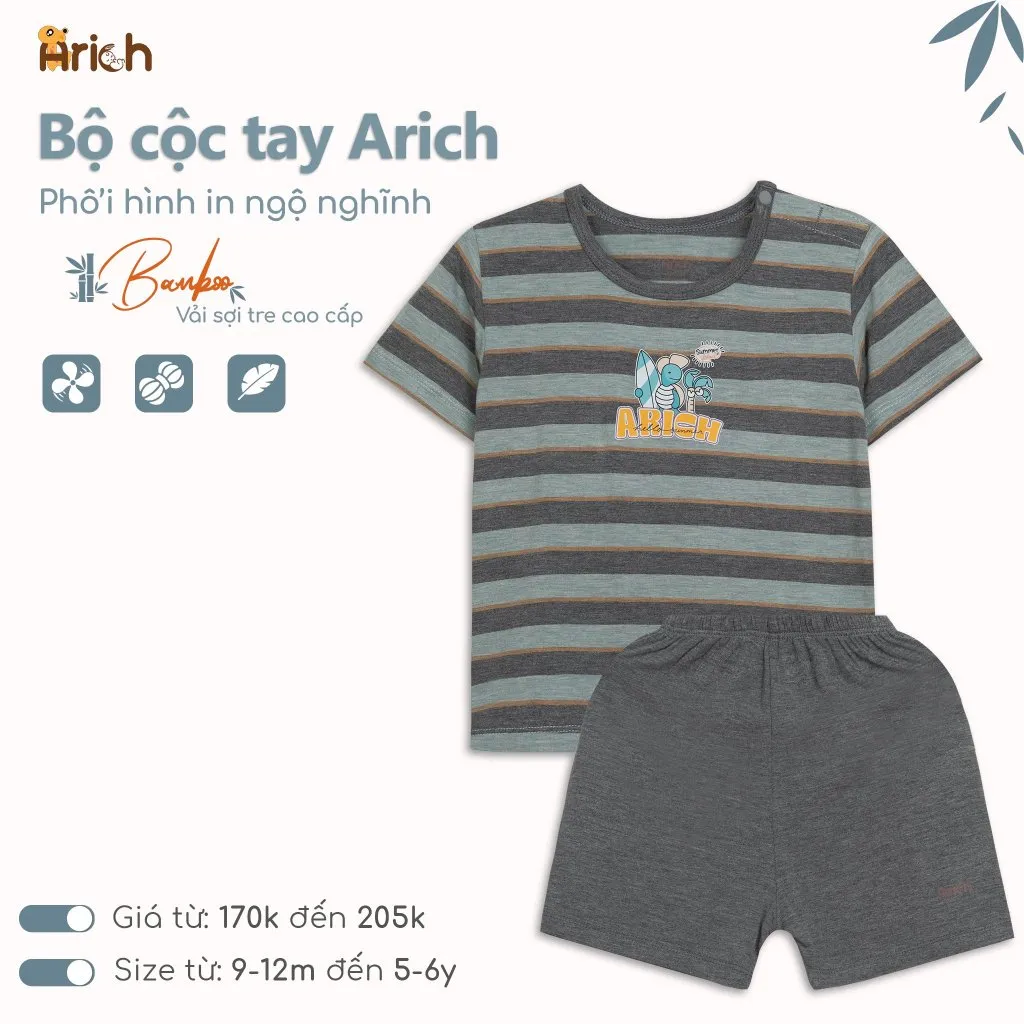 Ảnh Bộ cộc tay vải sợi tre Arich 2024 cho bé trai, bé gái size từ 9 tháng đến 6 tuổi 4