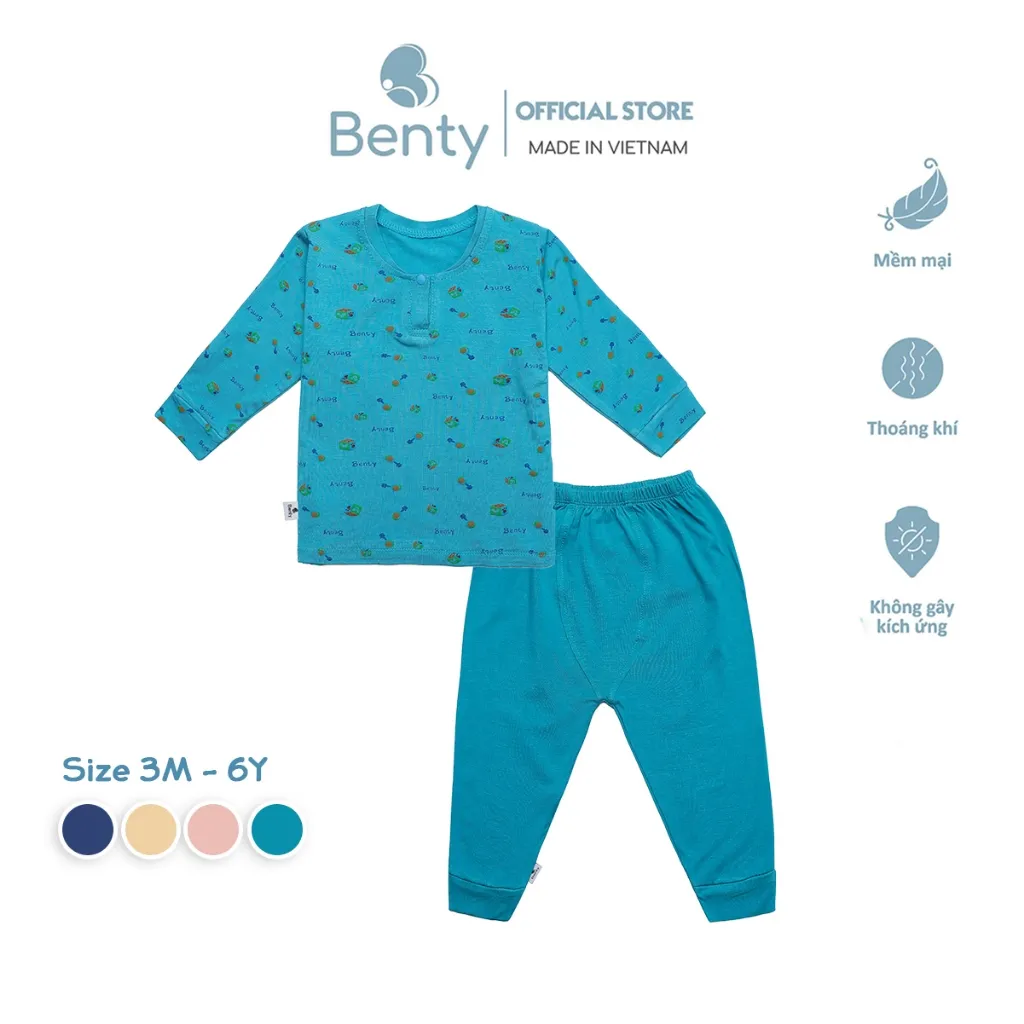 Ảnh Bộ dài cổ trụ BENTY họa tiết cute cotton mềm mịn thấm hút mồ hôi, đồ bộ mặc ngủ cho bé 1