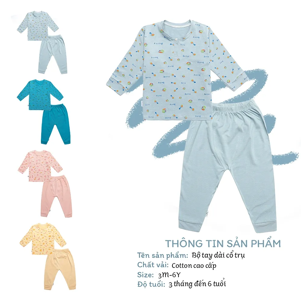 Ảnh Bộ dài cổ trụ BENTY họa tiết cute cotton mềm mịn thấm hút mồ hôi, đồ bộ mặc ngủ cho bé 2