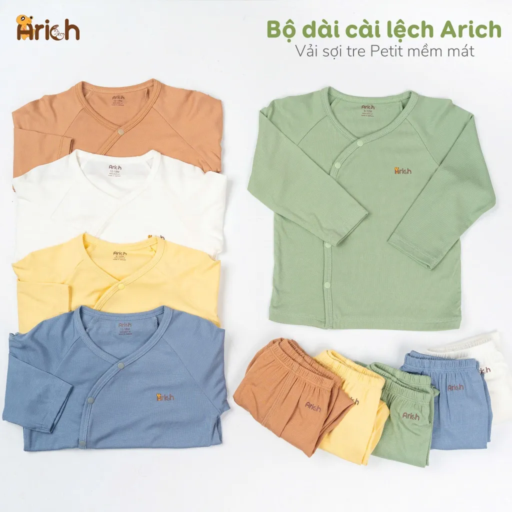 Ảnh Bộ dài tay cài lệch Arich vải sợi tre cho bé trai, bé gái size 0 đến 18 tháng 1