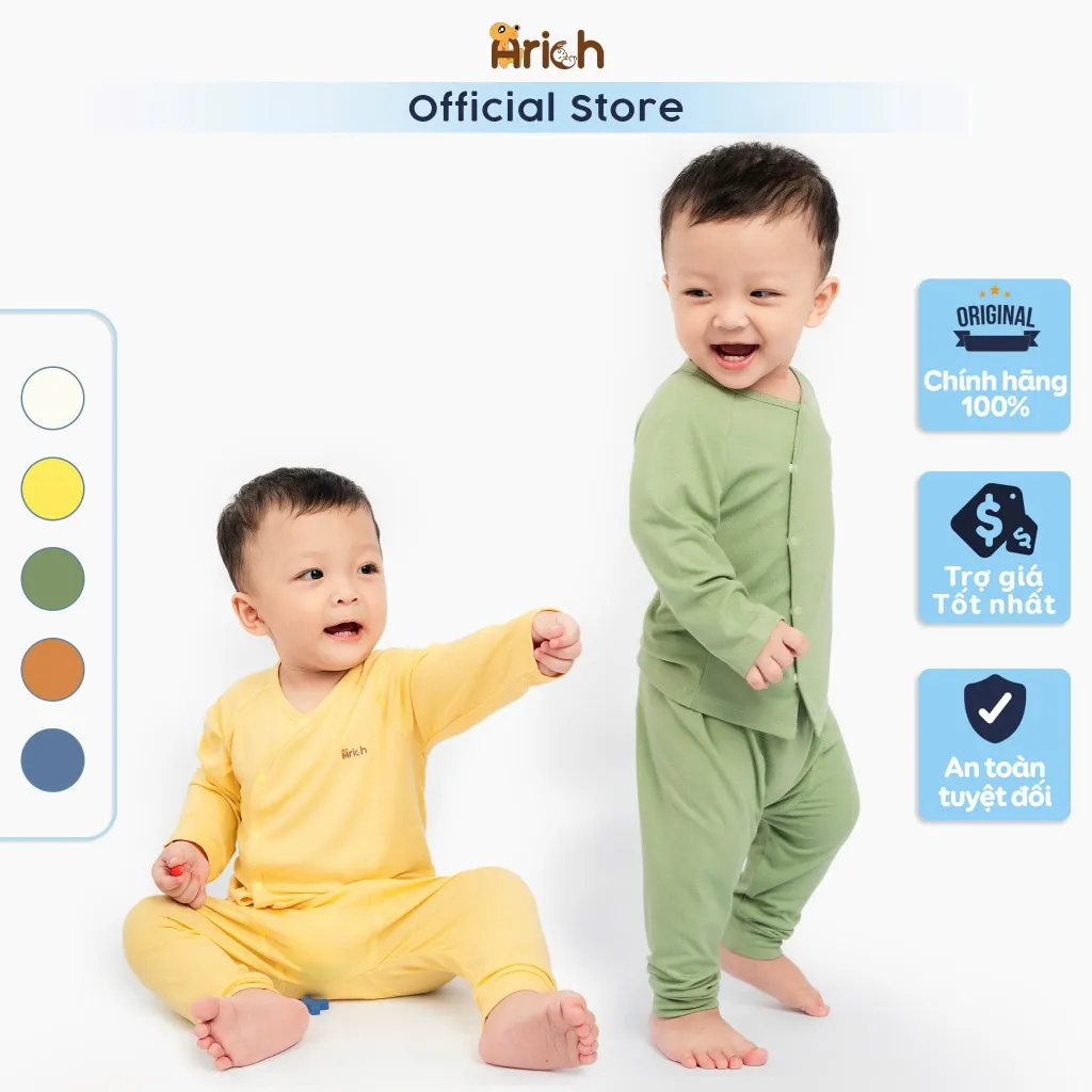 Ảnh Bộ dài tay cài lệch Arich vải sợi tre cho bé trai, bé gái size 0 đến 18 tháng 2