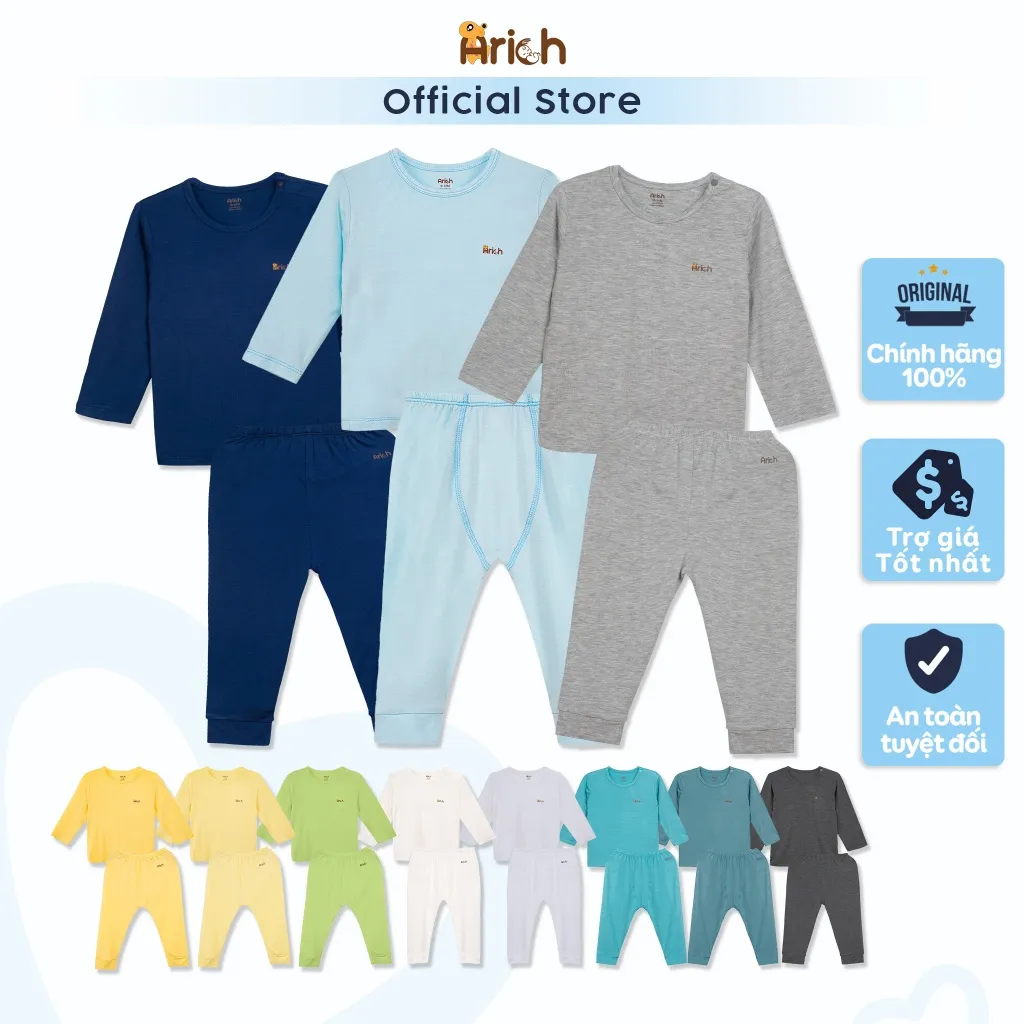 Ảnh Bộ dài tay cài vai Arich vải sợi tre mềm mát,màu trơn cho bé trai, bé gái từ 6 tháng đến 6 tuổi 2