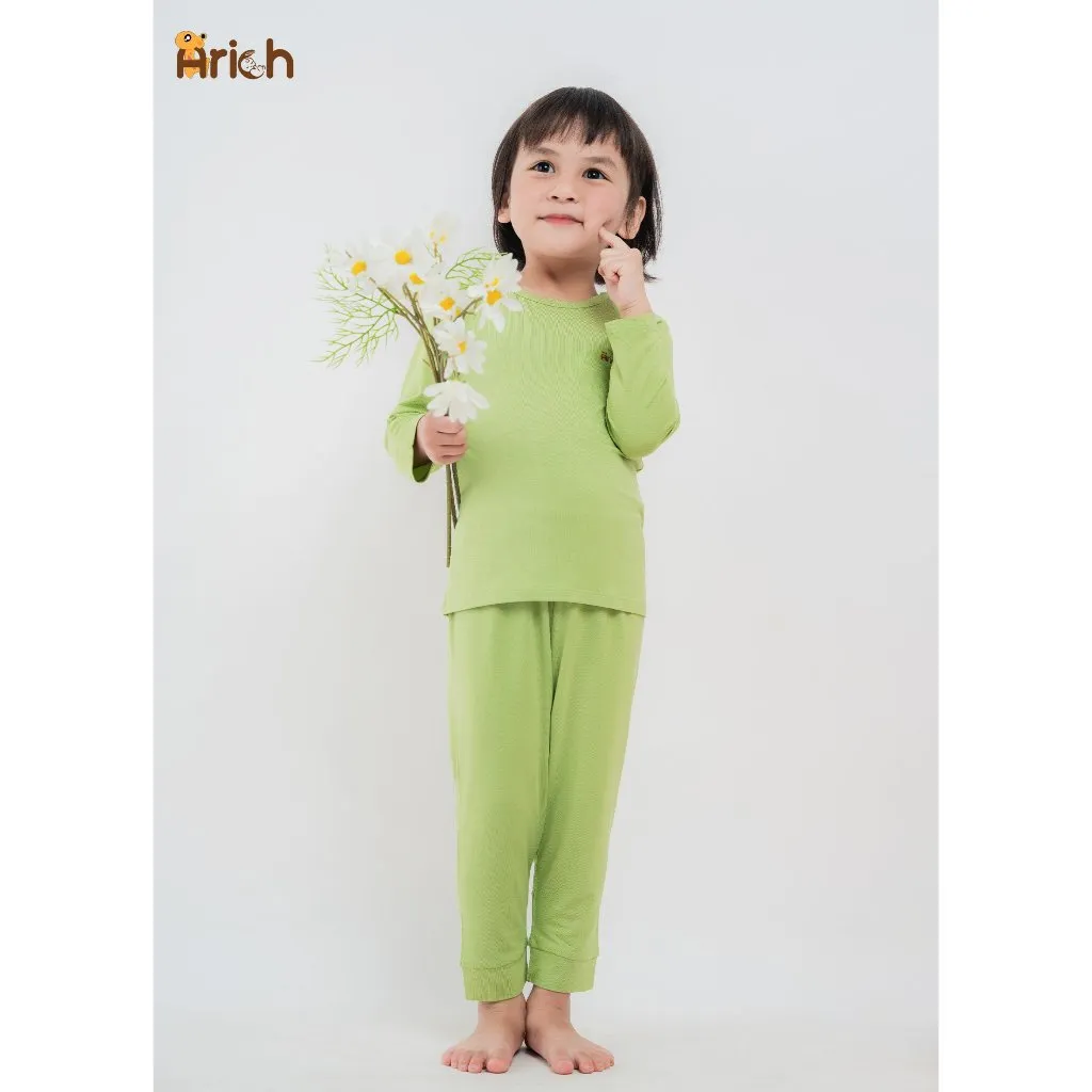 Ảnh Bộ dài tay cài vai Arich vải sợi tre mềm mát,màu trơn cho bé trai, bé gái từ 6 tháng đến 6 tuổi 3