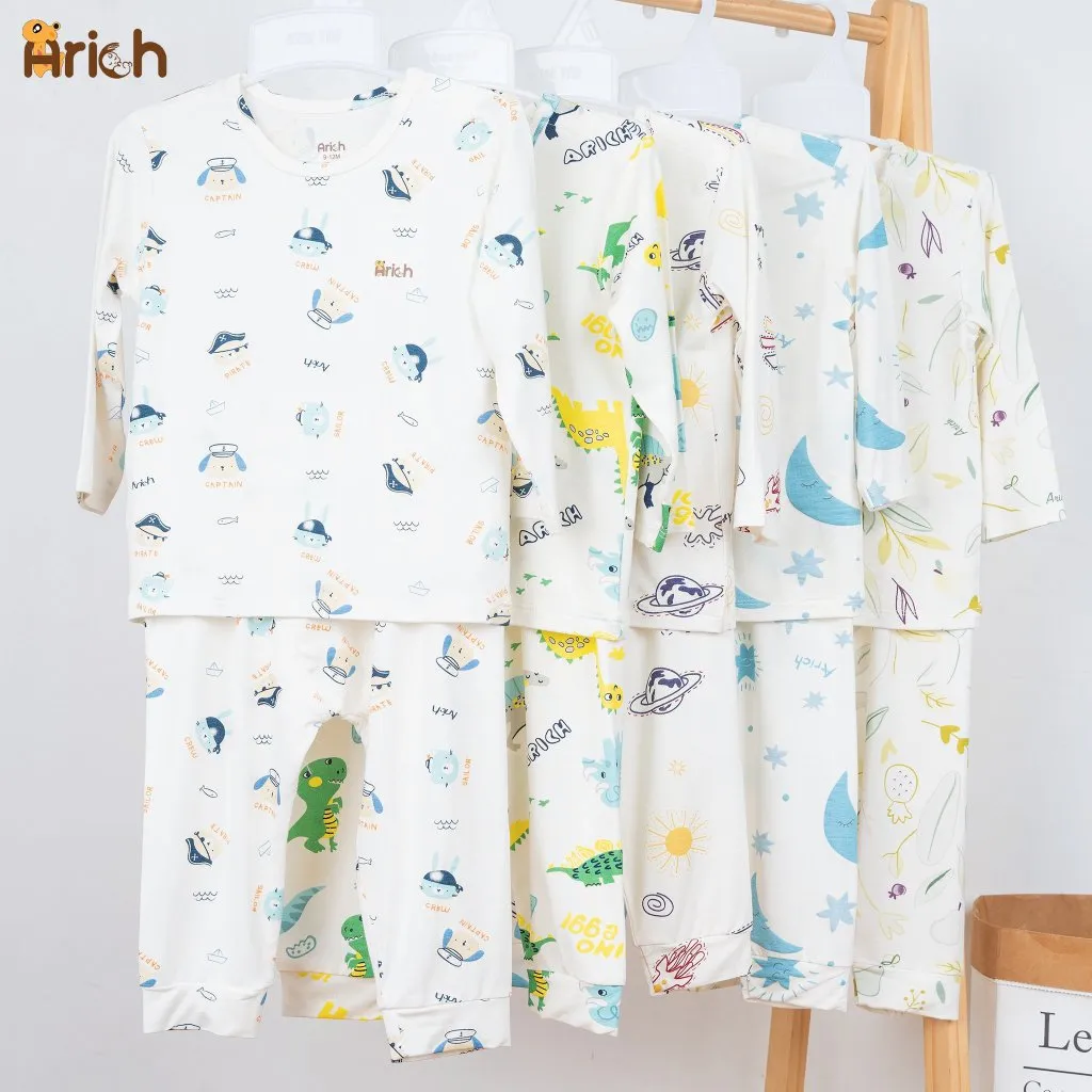 Ảnh Bộ dài tay cài vai trẻ em in Hoạ tiết, vải sợi tre Arich (size 9-12m đến 5-6y) 1