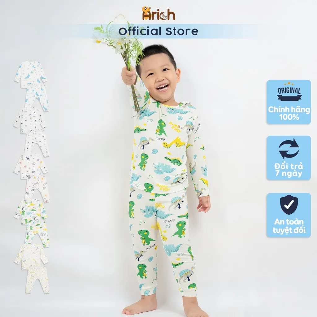 Ảnh Bộ dài tay cài vai trẻ em in Hoạ tiết, vải sợi tre Arich (size 9-12m đến 5-6y) 2