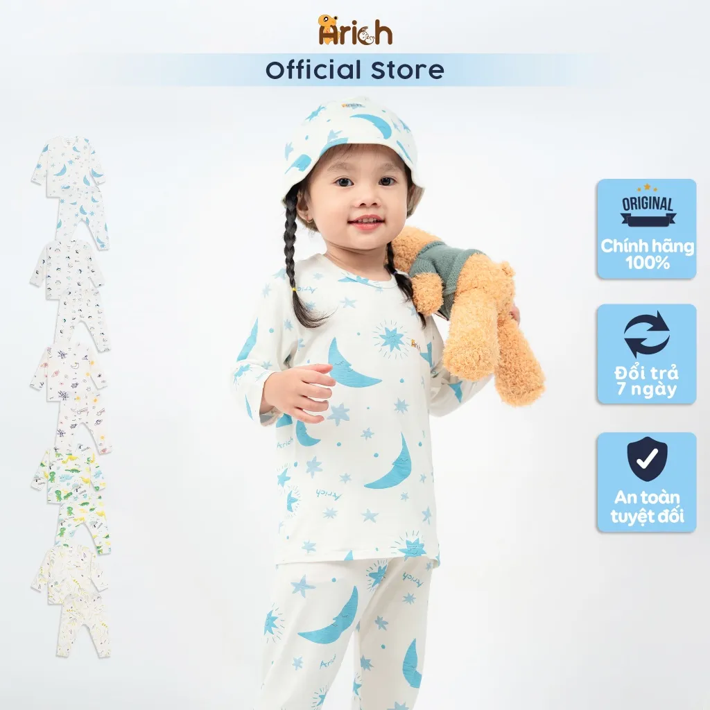 Ảnh Bộ dài tay cài vai trẻ em in Hoạ tiết, vải sợi tre Arich (size 9-12m đến 5-6y) 3