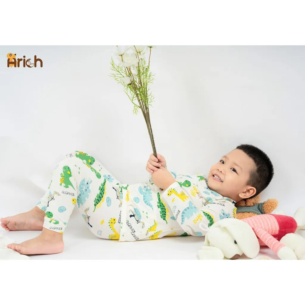 Ảnh Bộ dài tay cài vai trẻ em in Hoạ tiết, vải sợi tre Arich (size 9-12m đến 5-6y) 4