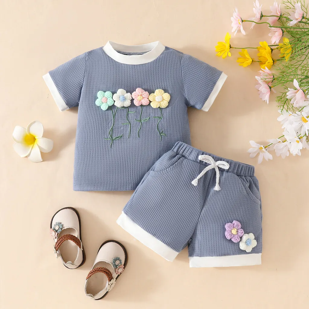 Ảnh Bộ dành cho trẻ sơ sinh & trẻ mới biết đi 0-4 tuổi Áo sơ mi ngắn tay cổ tròn in họa tiết in hoa và ren màu trơn được ghép nối với quần Short màu trơn Bộ kỳ nghỉ 2