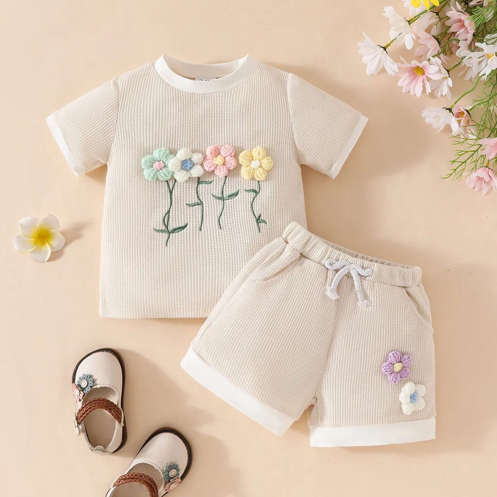 Ảnh Bộ dành cho trẻ sơ sinh & trẻ mới biết đi 0-4 tuổi Áo sơ mi ngắn tay cổ tròn in họa tiết in hoa và ren màu trơn được ghép nối với quần Short màu trơn Bộ kỳ nghỉ 3