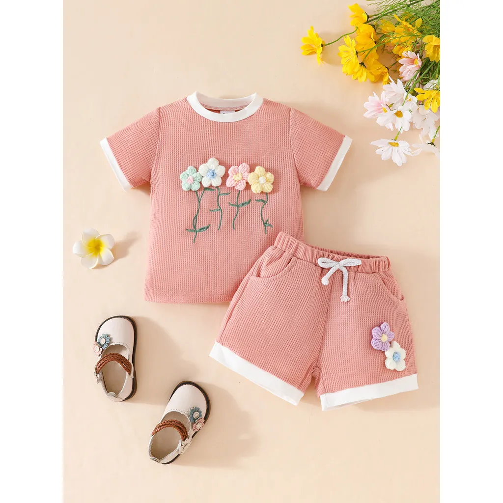 Ảnh Bộ dành cho trẻ sơ sinh & trẻ mới biết đi 0-4 tuổi Áo sơ mi ngắn tay cổ tròn in họa tiết in hoa và ren màu trơn được ghép nối với quần Short màu trơn Bộ kỳ nghỉ 4