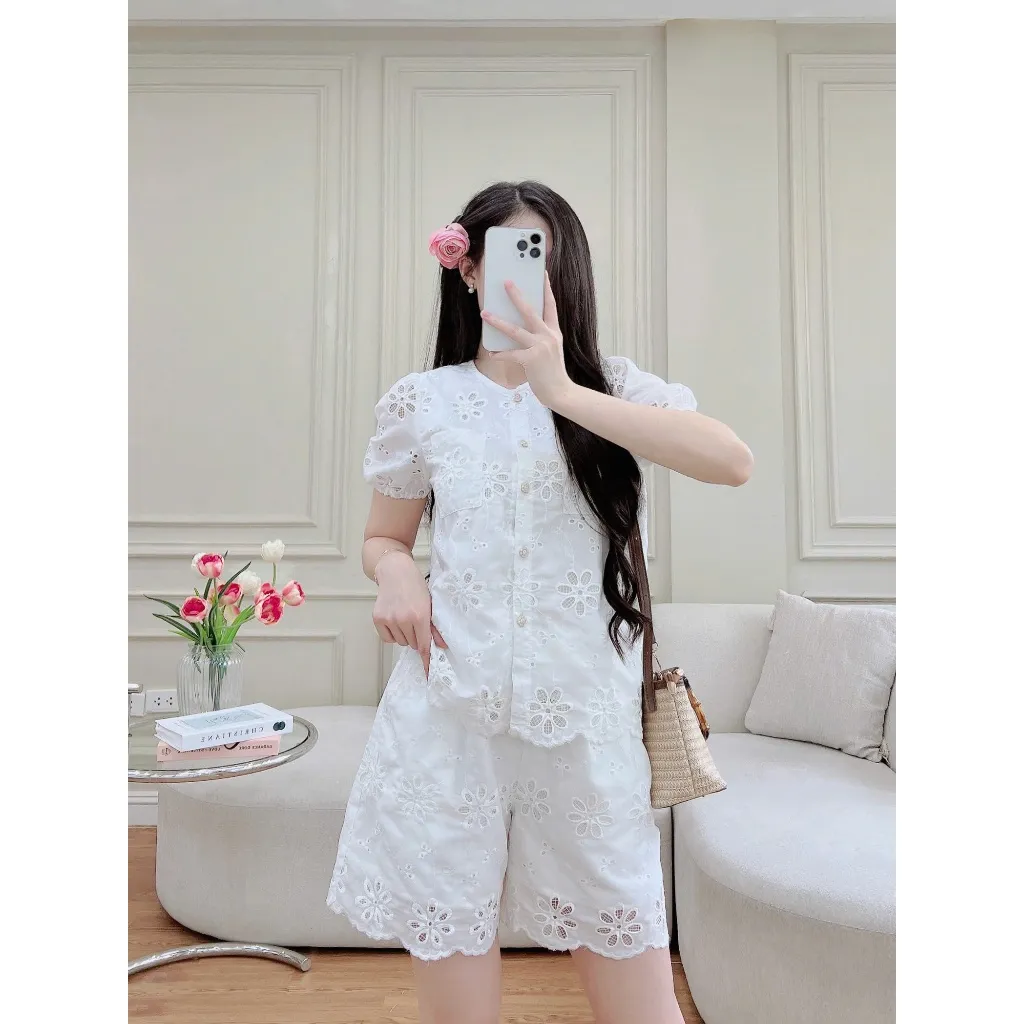Ảnh Bộ Đồ Nữ Evalover Chất Liệu Thô, Họa Tiết Thêu Hoa, Có Lót Trong SET2024286 2