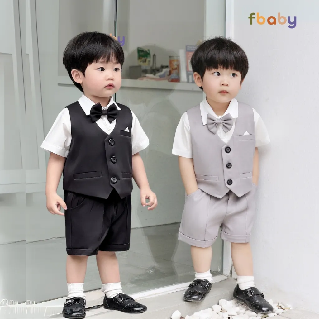Ảnh Bộ Gile Cộc Tay Bé Trai Fbaby 3 Khuy Kèm Áo Sơ Mi Và Nơ Set Bộ Công Tử Lịch Lãm, Sang Trọng Đi Tiệc, Đi Chơi, Thôi Nôi 1