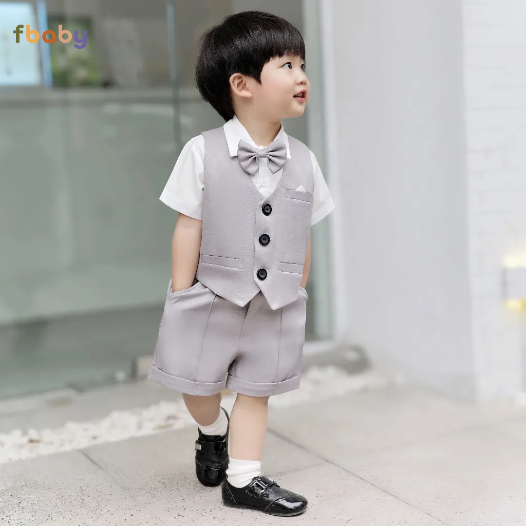 Ảnh Bộ Gile Cộc Tay Bé Trai Fbaby 3 Khuy Kèm Áo Sơ Mi Và Nơ Set Bộ Công Tử Lịch Lãm, Sang Trọng Đi Tiệc, Đi Chơi, Thôi Nôi 2