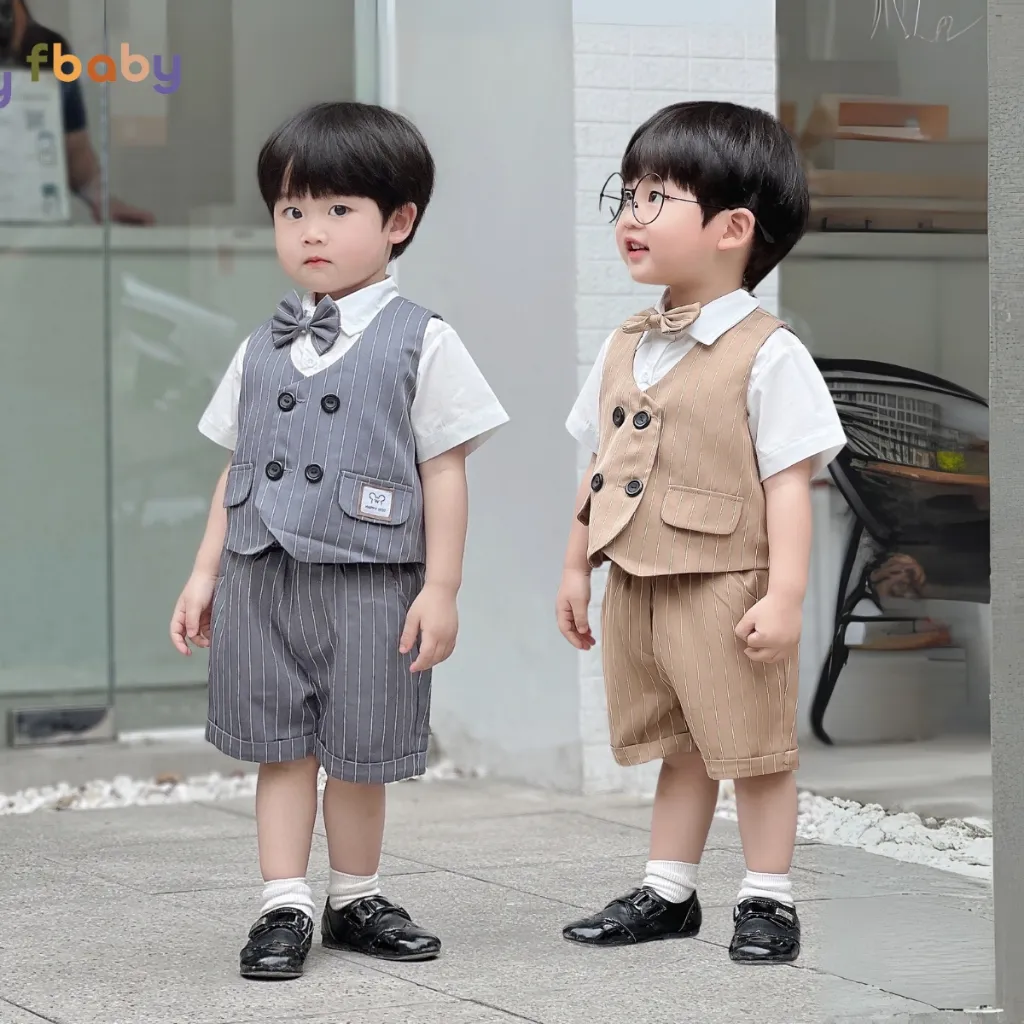 Ảnh Bộ Gile Cộc Tay Bé Trai Fbaby Kẻ Sọc 4 Khuy Kèm Sơ Mi Và Nơ Vest Phong Cách Công Tử Hàn Quốc Dự Tiệc, Đi Chơi, Thôi Nôi 1