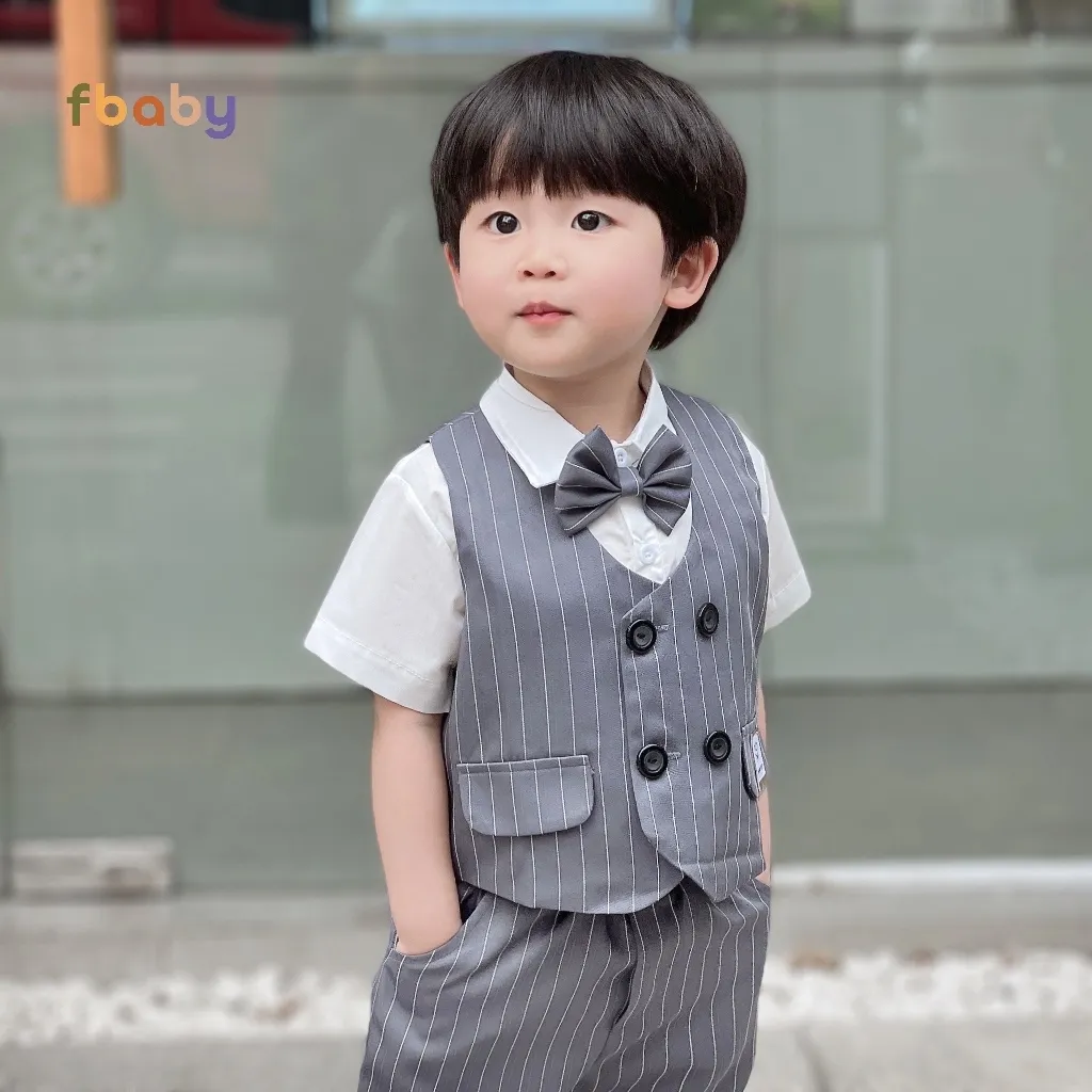 Ảnh Bộ Gile Cộc Tay Bé Trai Fbaby Kẻ Sọc 4 Khuy Kèm Sơ Mi Và Nơ Vest Phong Cách Công Tử Hàn Quốc Dự Tiệc, Đi Chơi, Thôi Nôi 2