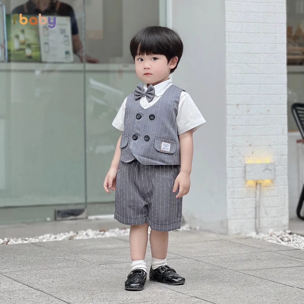 Ảnh Bộ Gile Cộc Tay Bé Trai Fbaby Kẻ Sọc 4 Khuy Kèm Sơ Mi Và Nơ Vest Phong Cách Công Tử Hàn Quốc Dự Tiệc, Đi Chơi, Thôi Nôi 3