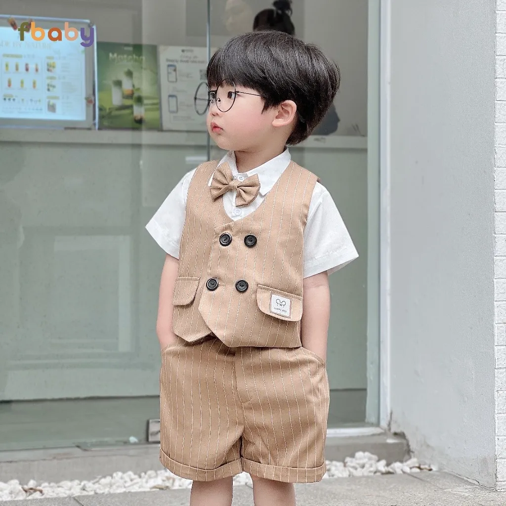 Ảnh Bộ Gile Cộc Tay Bé Trai Fbaby Kẻ Sọc 4 Khuy Kèm Sơ Mi Và Nơ Vest Phong Cách Công Tử Hàn Quốc Dự Tiệc, Đi Chơi, Thôi Nôi 4