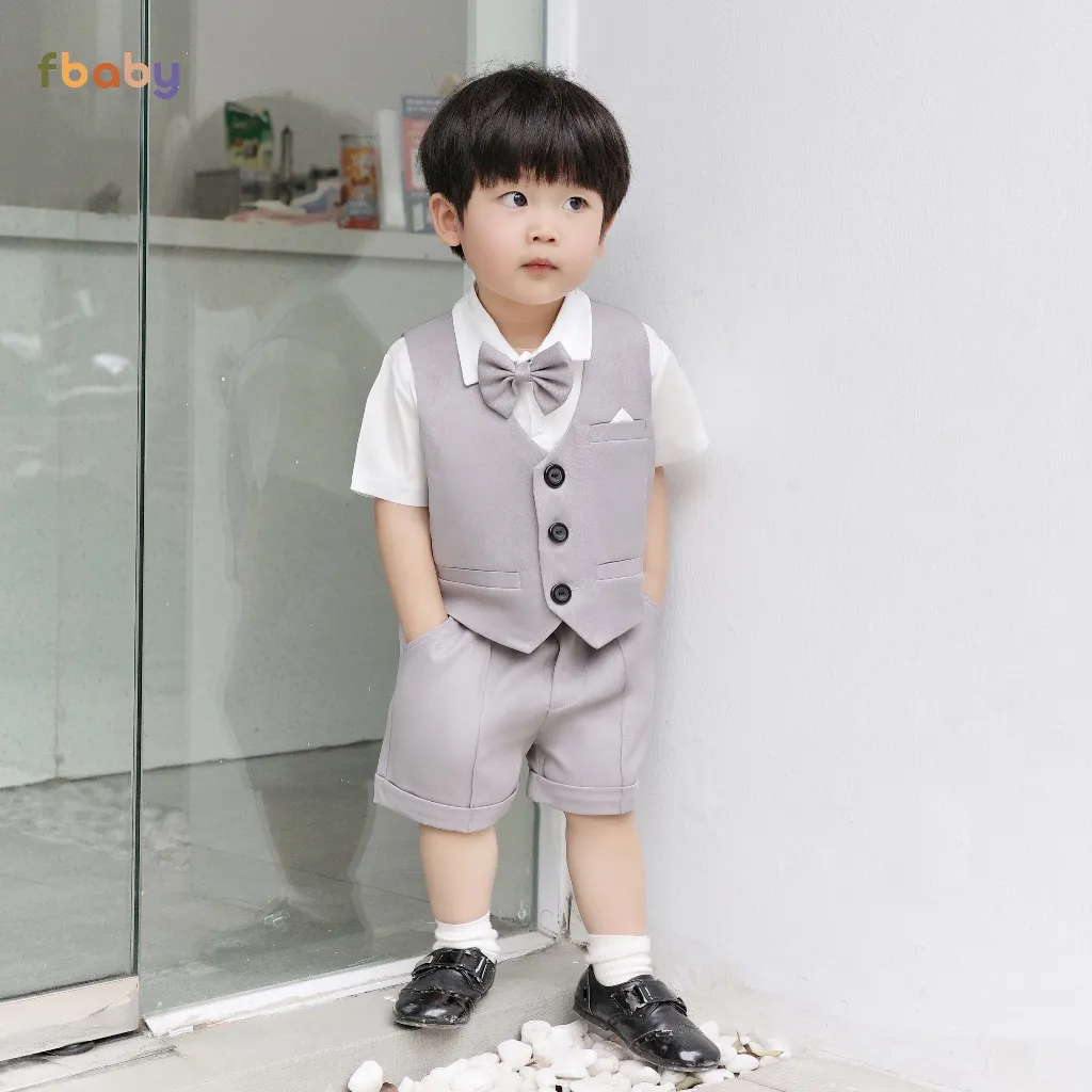 Ảnh Bộ Gile Cộc Tay Bé Trai Fbaby 3 Khuy Kèm Áo Sơ Mi Và Nơ Set Bộ Công Tử Lịch Lãm, Sang Trọng Đi Tiệc, Đi Chơi, Thôi Nôi 3