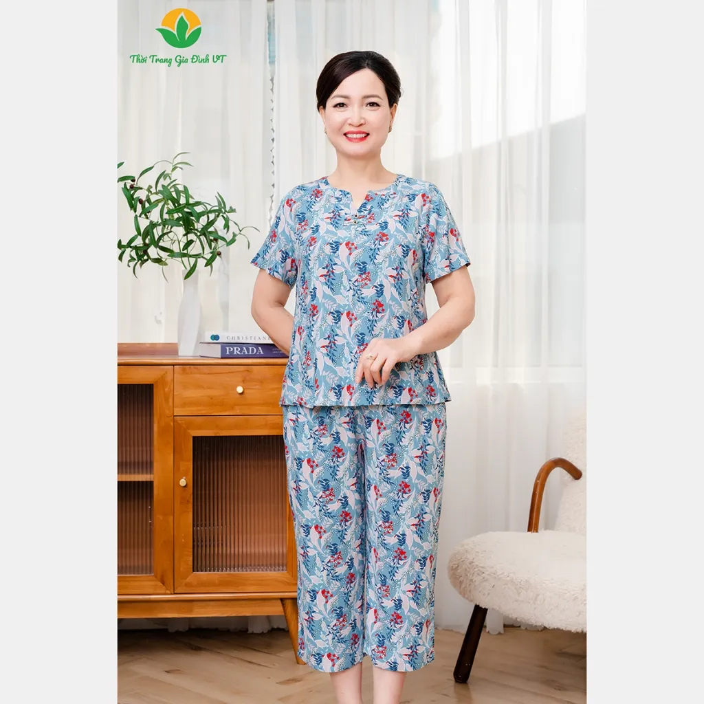 Ảnh Bộ lanh họa tiết trung niên mặc nhà quần lửng, áo cộc tay thời trang Việt Thắng - B06.5060 1
