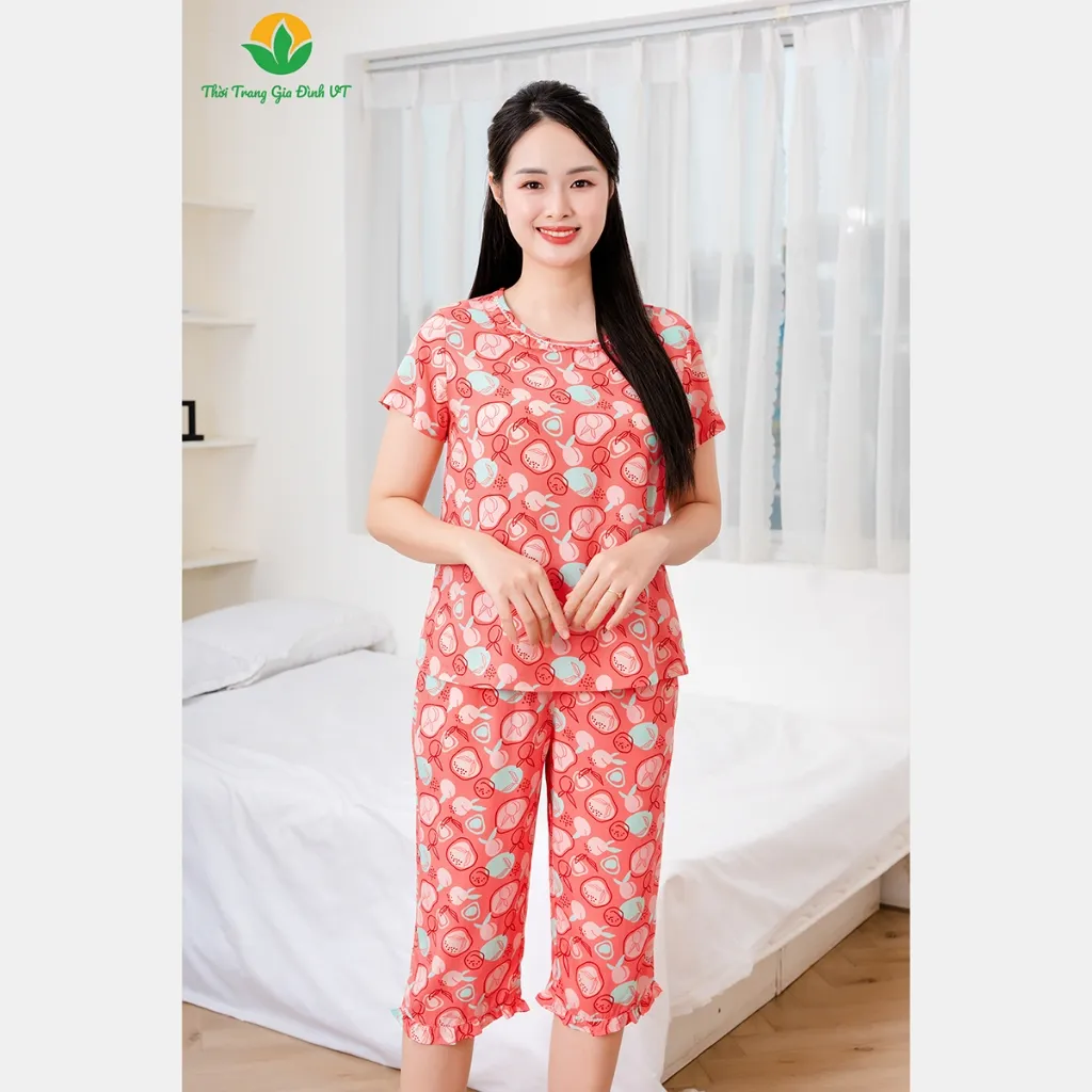 Ảnh Bộ lanh mặc nhà nữ thời trang Việt Thắng , quần lửng , áo cộc tay họa tiết - B06.5056 3