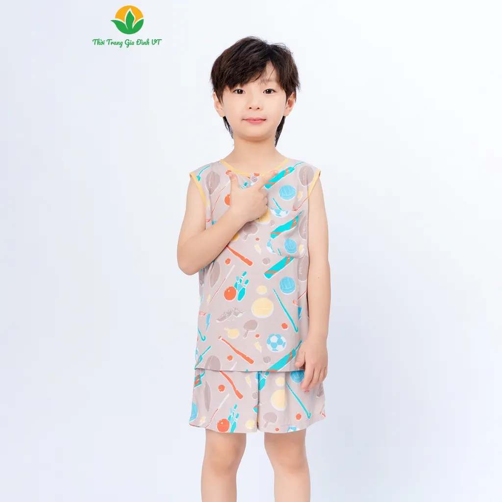 Ảnh Bộ lanh tole bé trai quần đùi , áo sát nách viền cổ họa tiết thời trang Việt Thắng - B62.5020 2