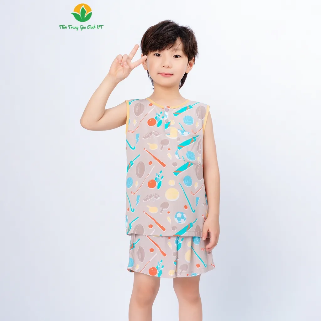 Ảnh Bộ lanh tole bé trai quần đùi , áo sát nách viền cổ họa tiết thời trang Việt Thắng - B62.5020 3