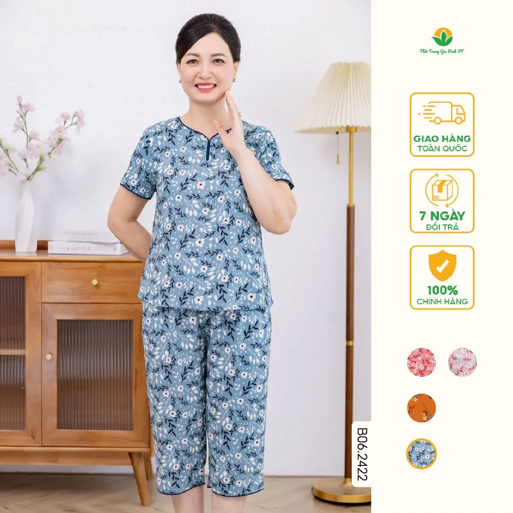 Ảnh Bộ lanh trung niên quần lửng áo cộc tay cổ lé màu thời trang Việt Thắng - B06.2422 3