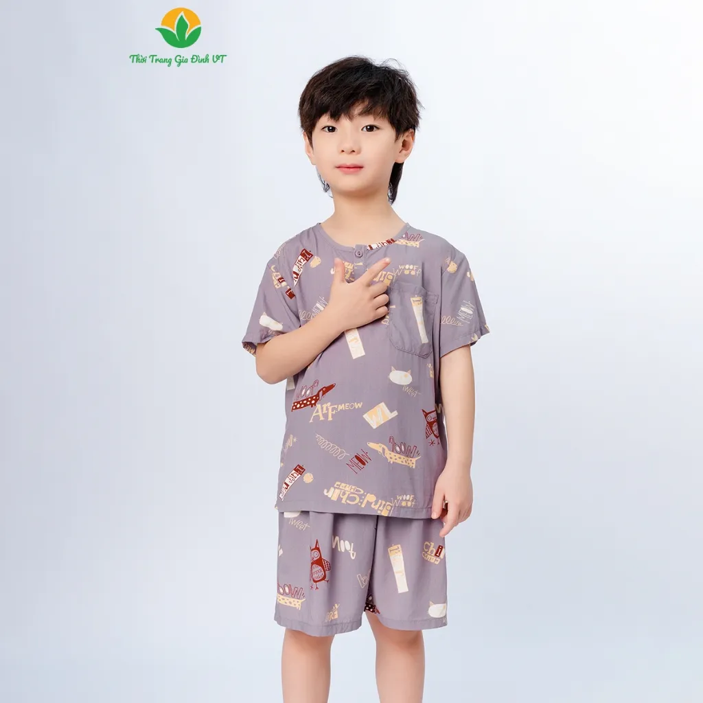 Ảnh Bộ mặc nhà bé trai chất Lanh thời trang Việt Thắng quần đùi áo cộc tay cổ tròn họa tiết - B63.5002 2