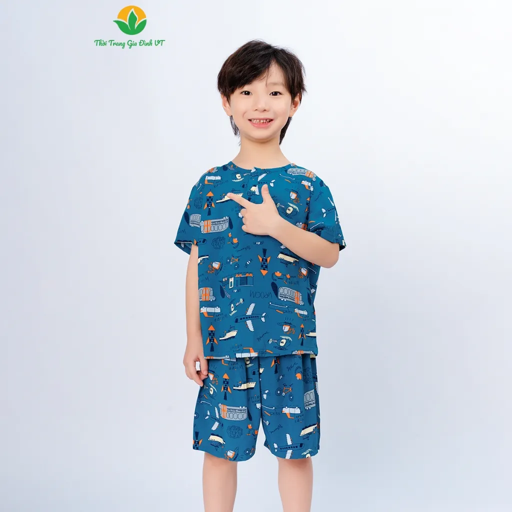 Ảnh Bộ mặc nhà bé trai chất Lanh thời trang Việt Thắng quần đùi áo cộc tay cổ tròn họa tiết - B63.5002 4