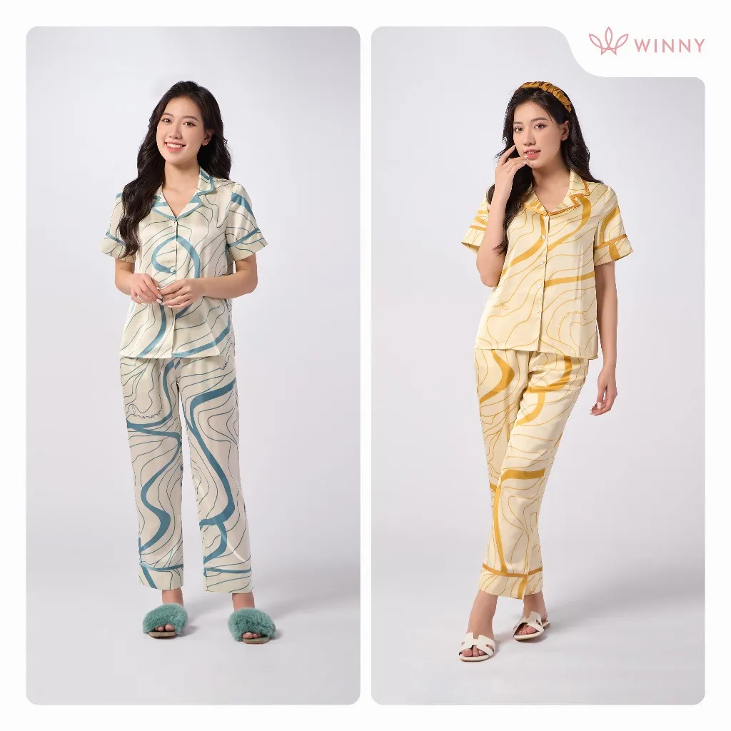 Ảnh Bộ Mặc Nhà Nữ WINNY Đồ Ngủ Kiểu Pijama Cộc Tay Quần Dài Chất Lụa Satin Mềm Mại 1MNSA23116D 2