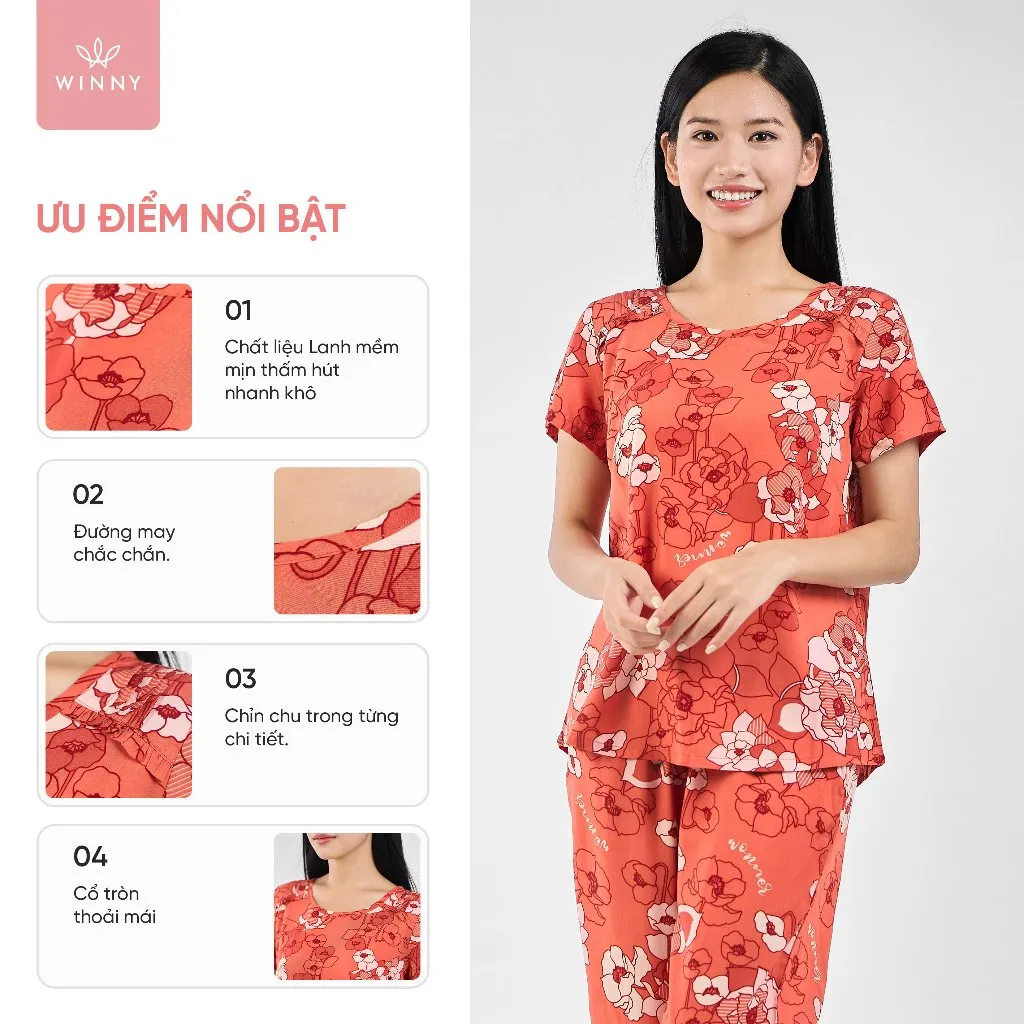 Ảnh Bộ mặc nhà nữ WINNY kiểu cộc tay quần ngố chất lanh mềm mát 2MNLA23016N 1